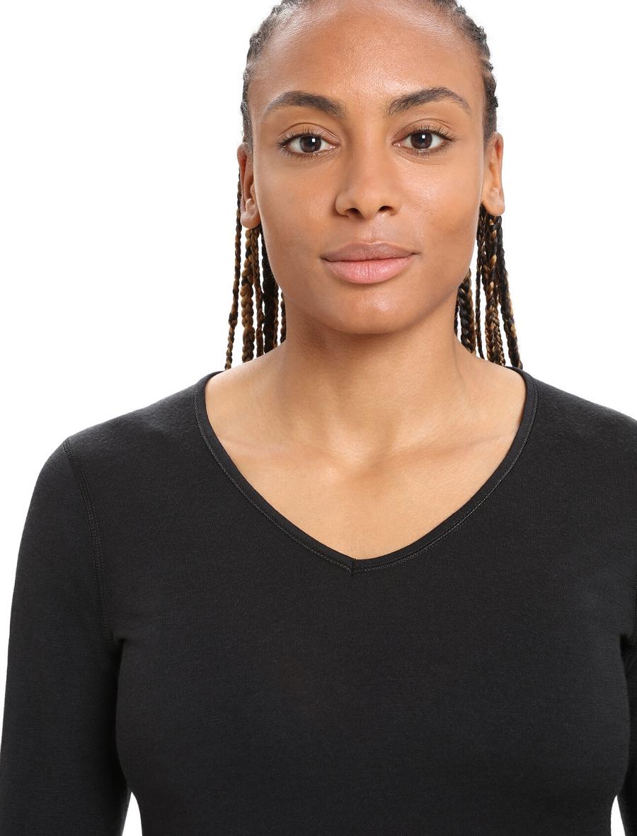 Black Women's Icebreaker Merino 200 Oasis Long Sleeve V Neck Thermal Top Base Layers | USA 1853RVDW